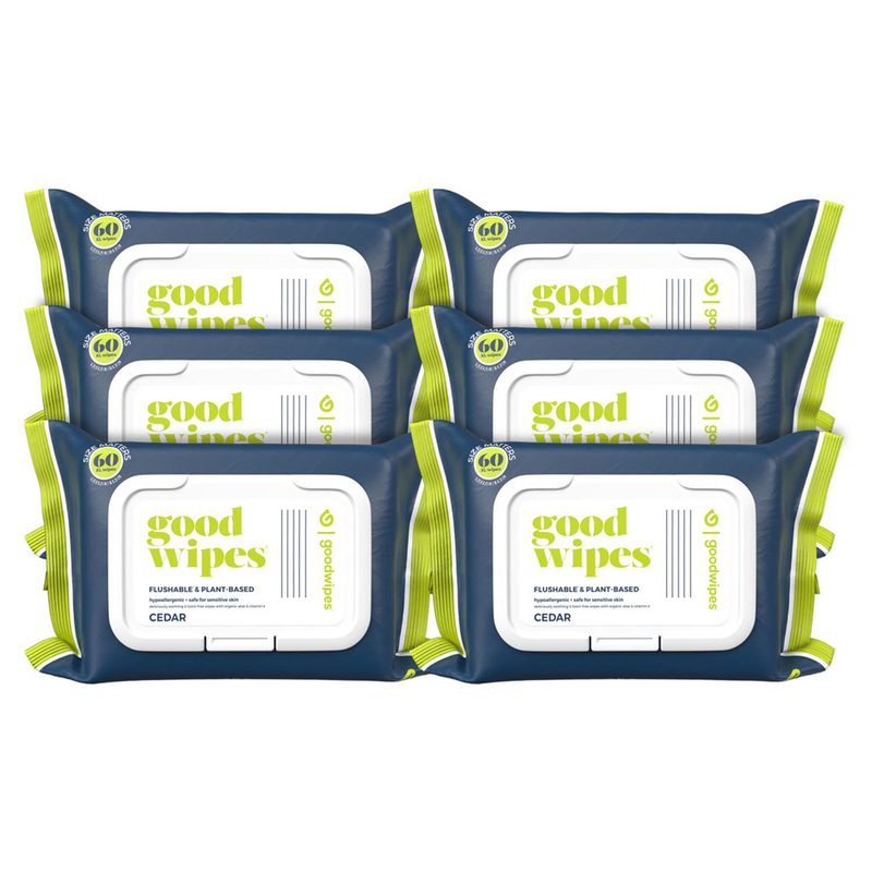 A six-pack of Goodwipes Flushable Wipes, isolated on a plain studio background.