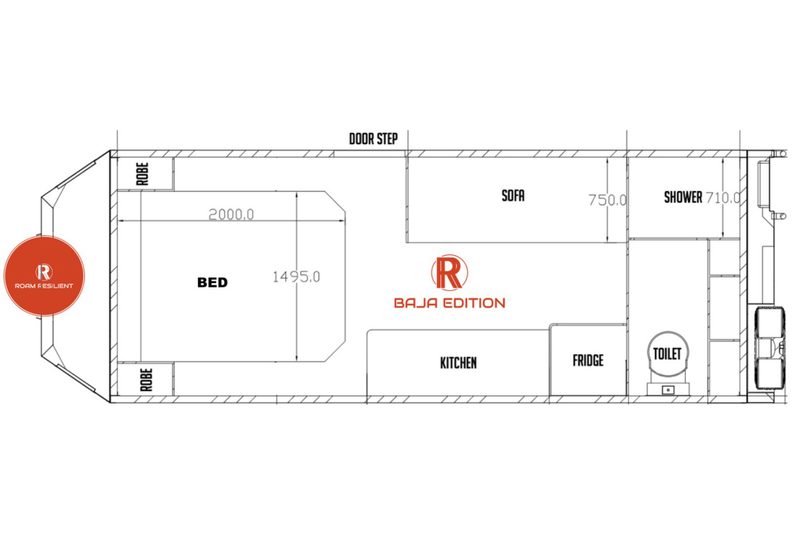Floor plan of Roam Resilient's Baja Edition overland trailer.