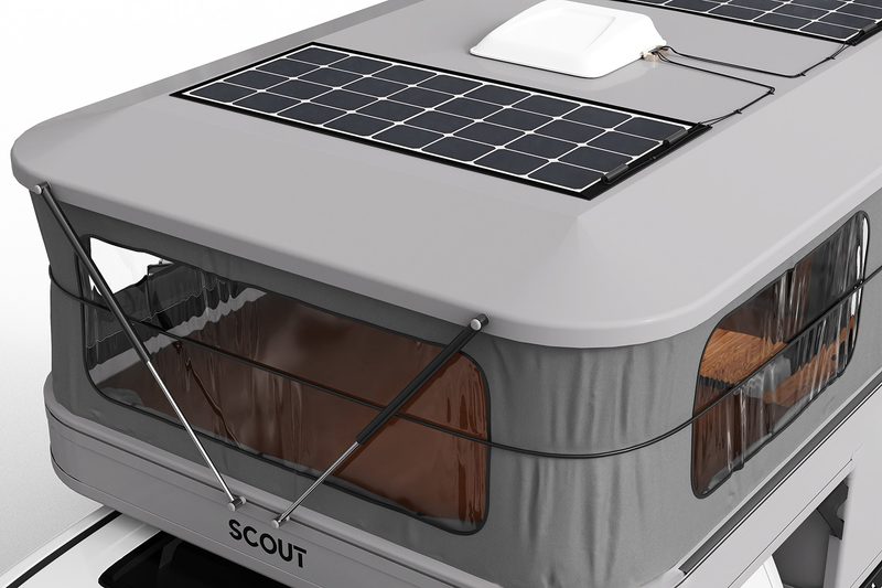 Rooftop solar panels atop Scout Campers' Yoho pop-top truck camper.