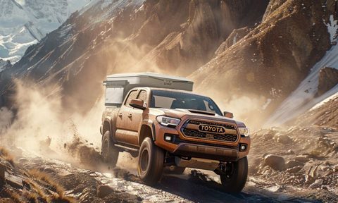 Rendering of a Toyota Tacoma with a Scout Yoho pop-up truck camper installed.