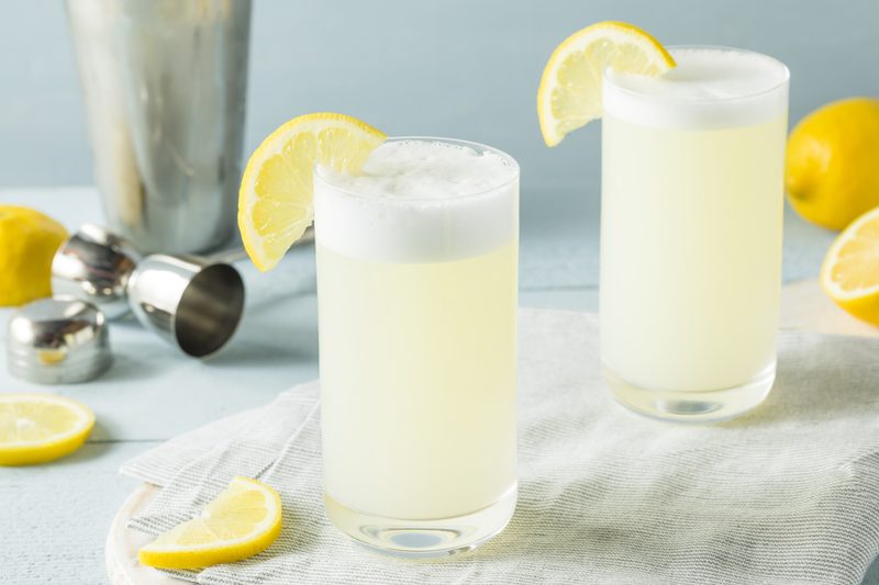 Refreshing Cold Egg Gin Fizz with a Lemon Garnish