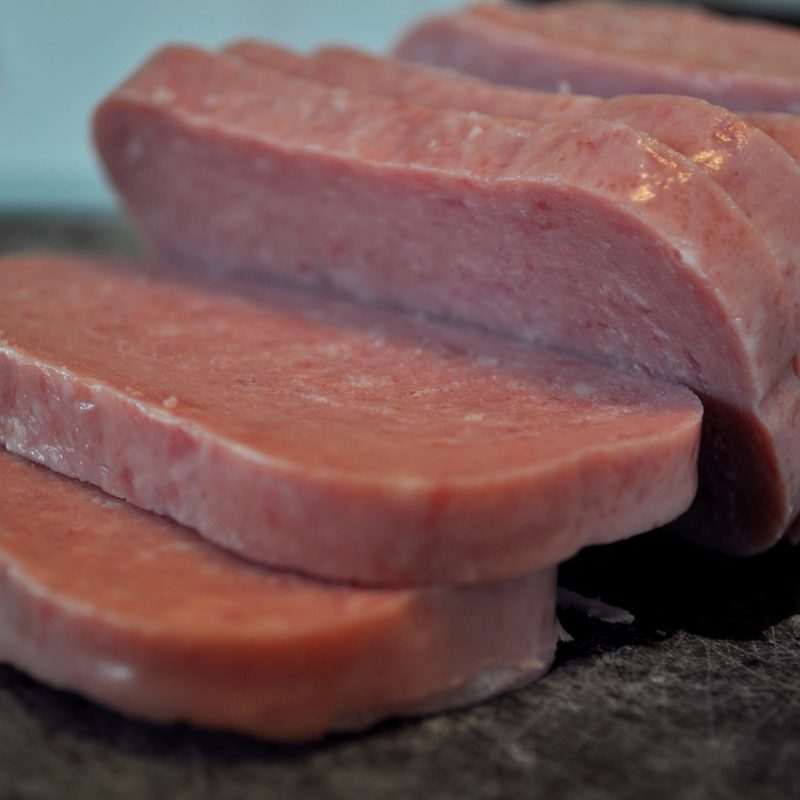 Spam slices on a counter
