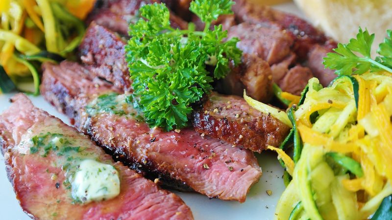 Sliced steak on plate