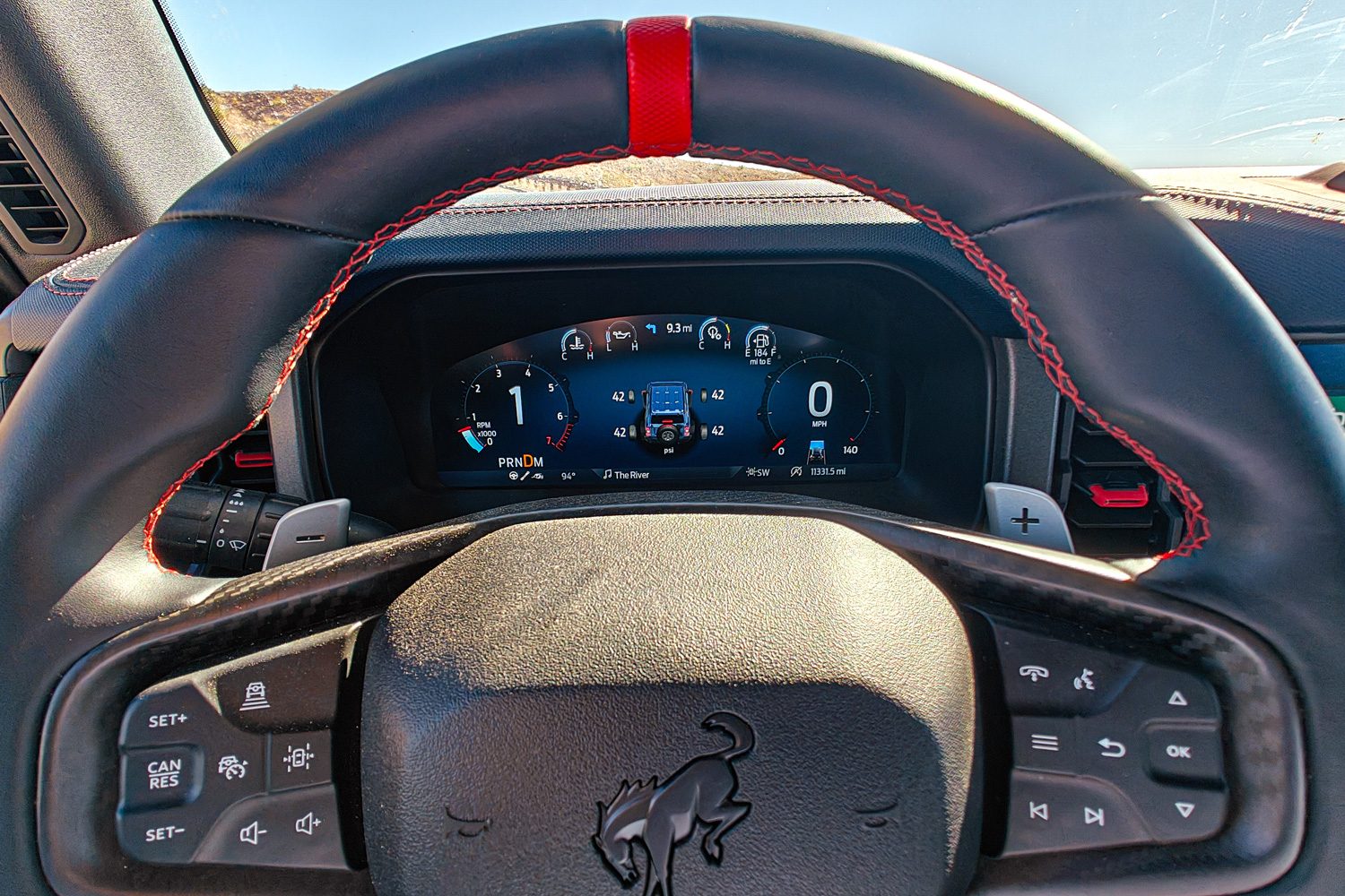 Closeup of the steering wheel on the 2023 Ford Bronco Raptor.