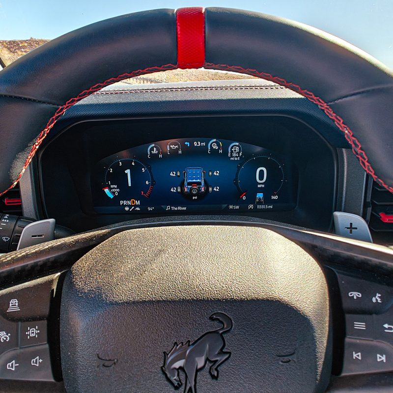 Closeup of the steering wheel on the 2023 Ford Bronco Raptor.
