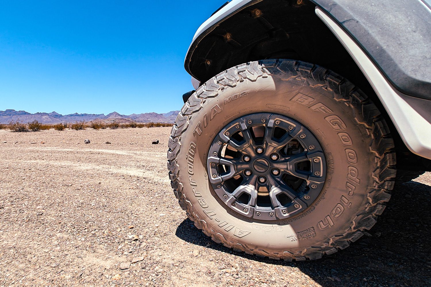 Closeup of the 37-inch BFG K02 tires on a 2023 Ford Bronco Raptor.
