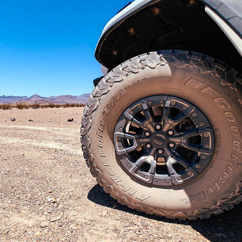 Closeup of the 37-inch BFG K02 tires on a 2023 Ford Bronco Raptor.