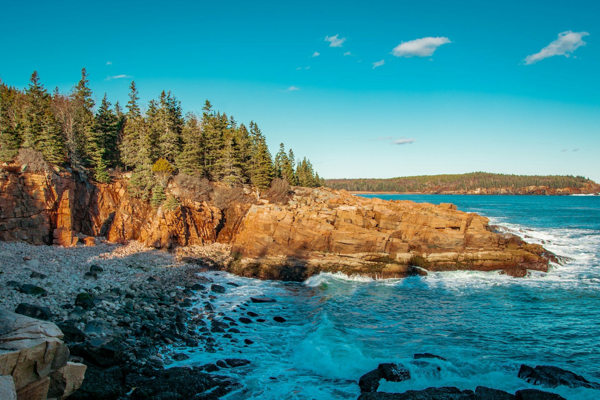 A bright clear day at Acadia National Park off the water