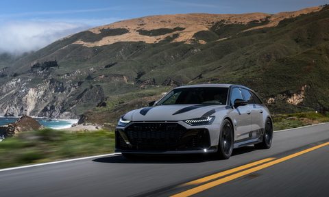 2025 Audi RS 6 Avant GT in Nardo Gray driving along California coastline.
