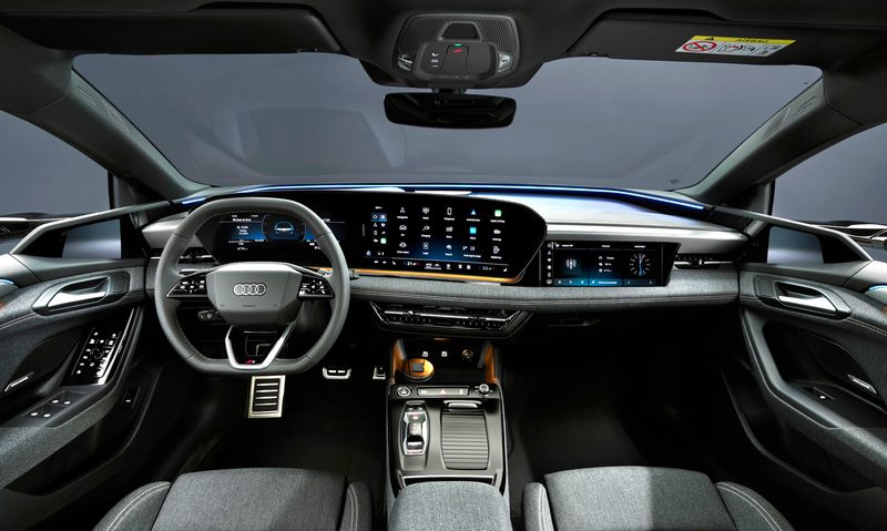 2025 Audi e-tron Sportback interior shot of front seats and dashboard.