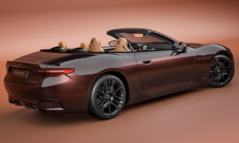 2025 Maserati GranCabrio Folgore Tignanello 100% electric luxury convertible right rear three-quarter view.