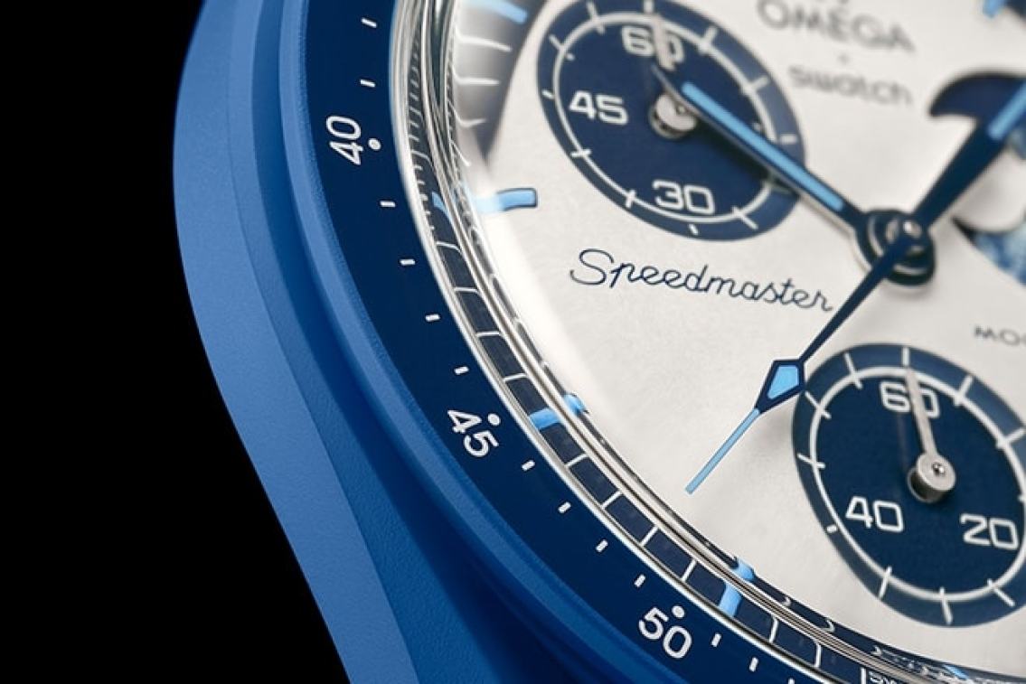 close up on blue Moonswatch watch