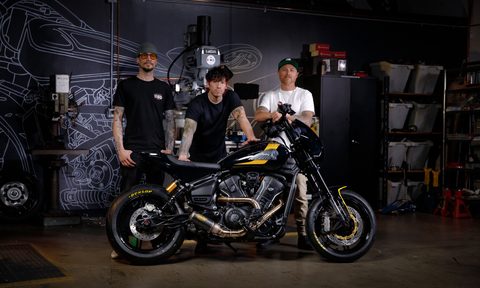 Aaron Boss, Twenty One Pilots drummer Josh Dun, and Roland Sands with Dun's rowdy new Roland Sands Design custom Indian Scout.