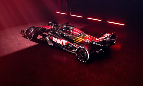 Alpine F1 racecar with Deadpool and Wolverine livery for the Belgian GP left rear three-quarter view.