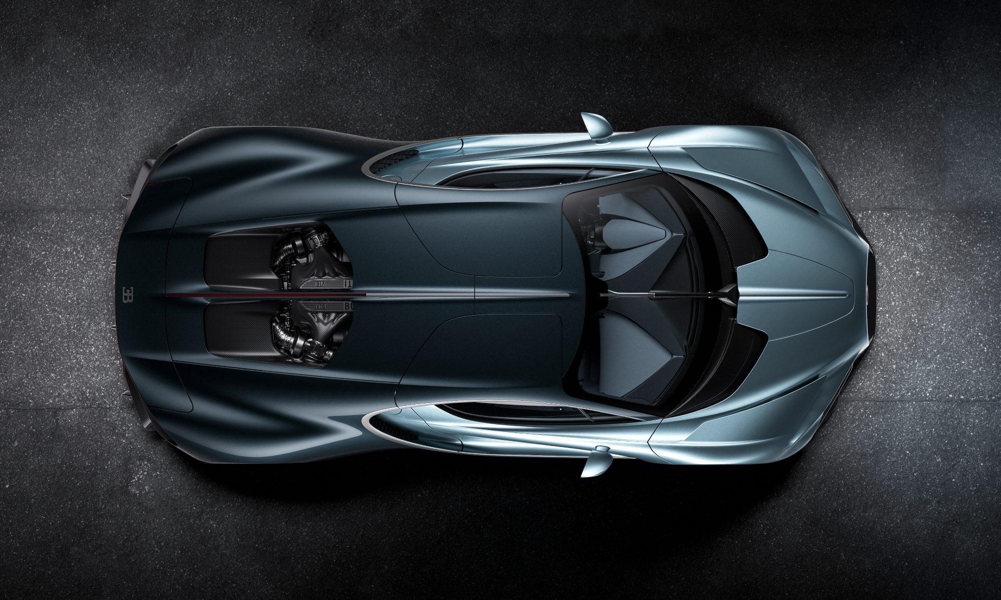 Bugatti Tourbillion in Molsheim looking down directly at the top of the car.