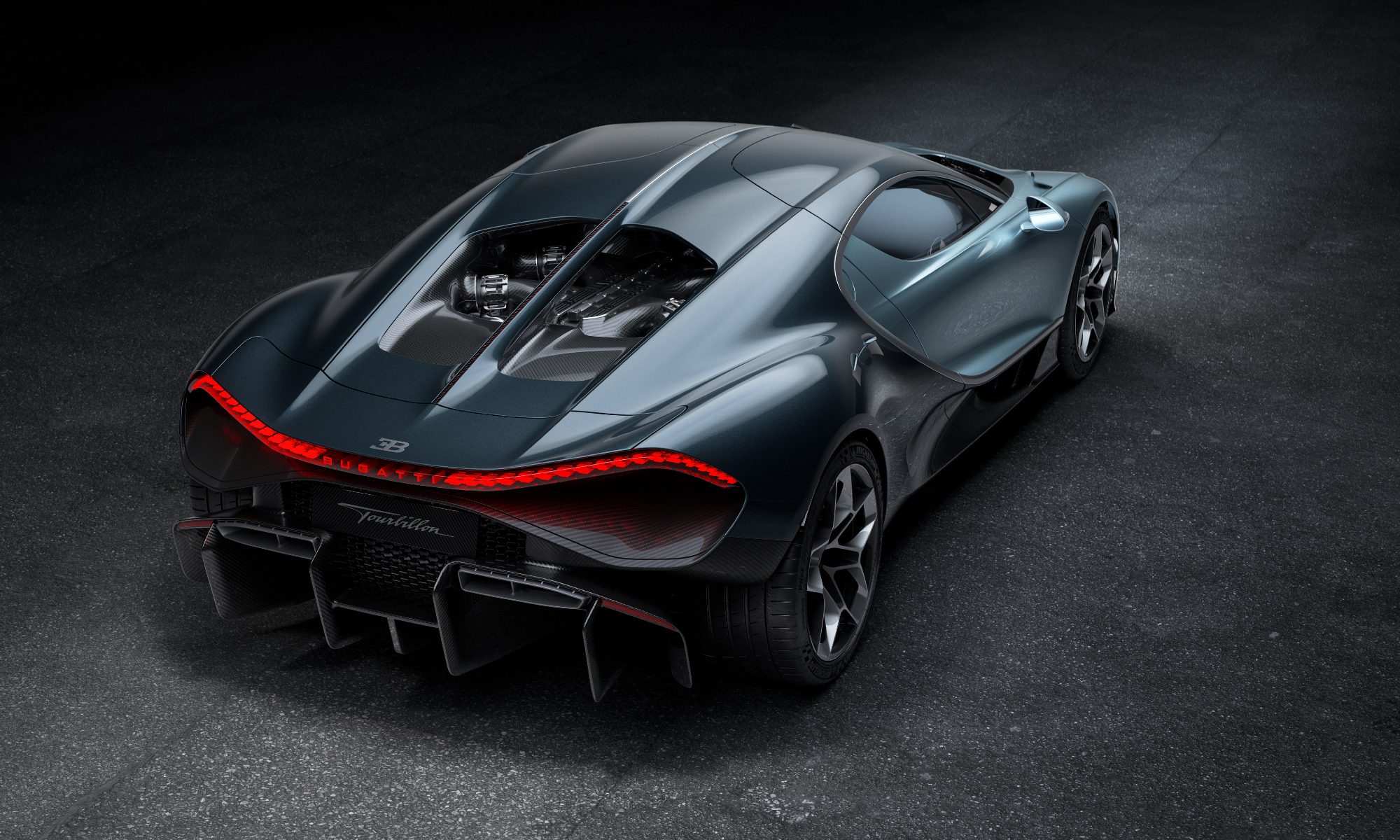 Bugatti Tourbillion in Molsheim looking down front right rear three-quarter view.