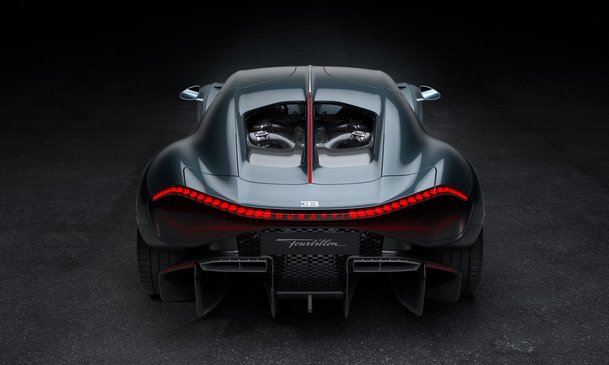 Bugatti Tourbillion in Molsheim looking down rear view.