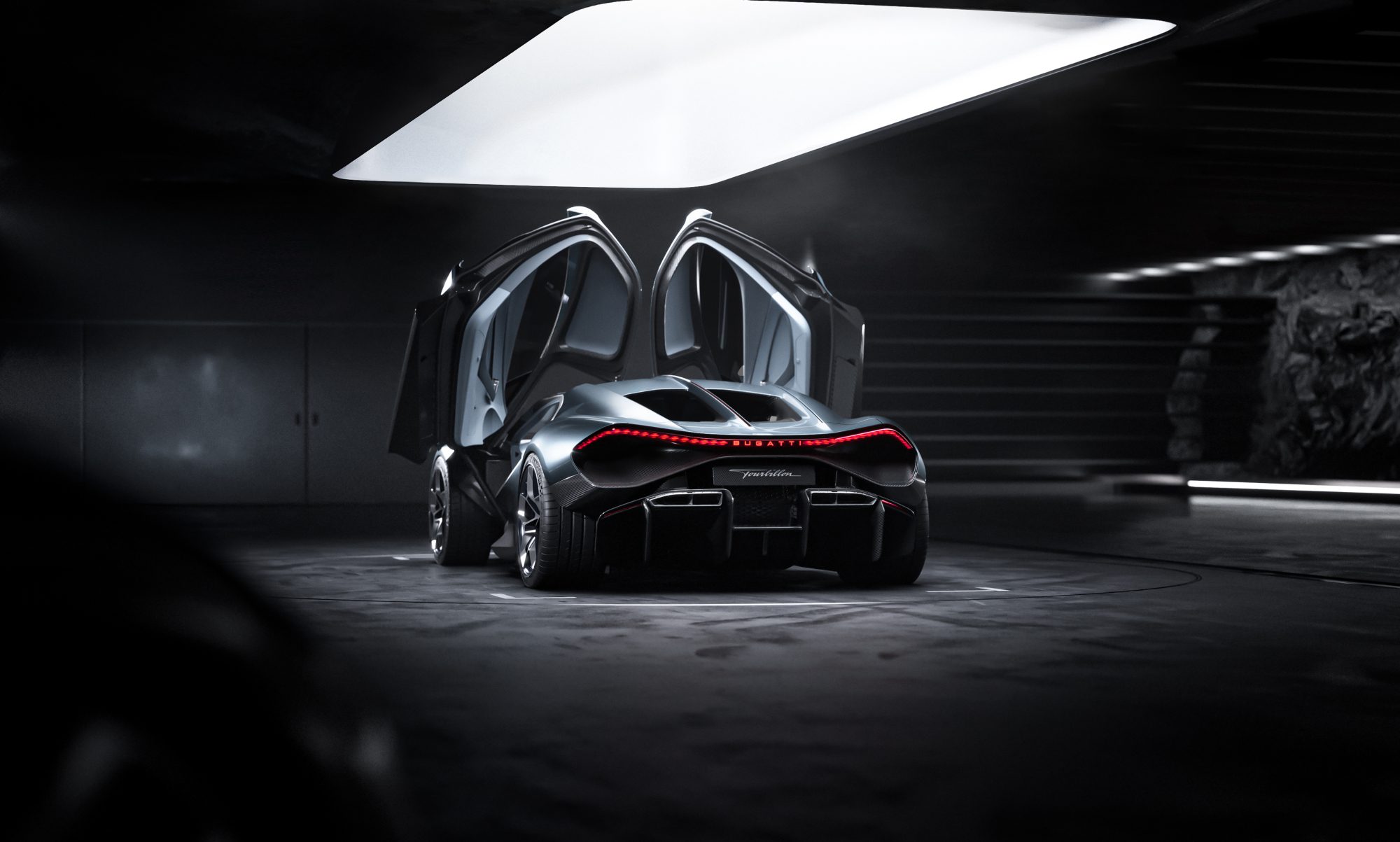 Bugatti Tourbillion in Molsheim rear left three-quarter view.
