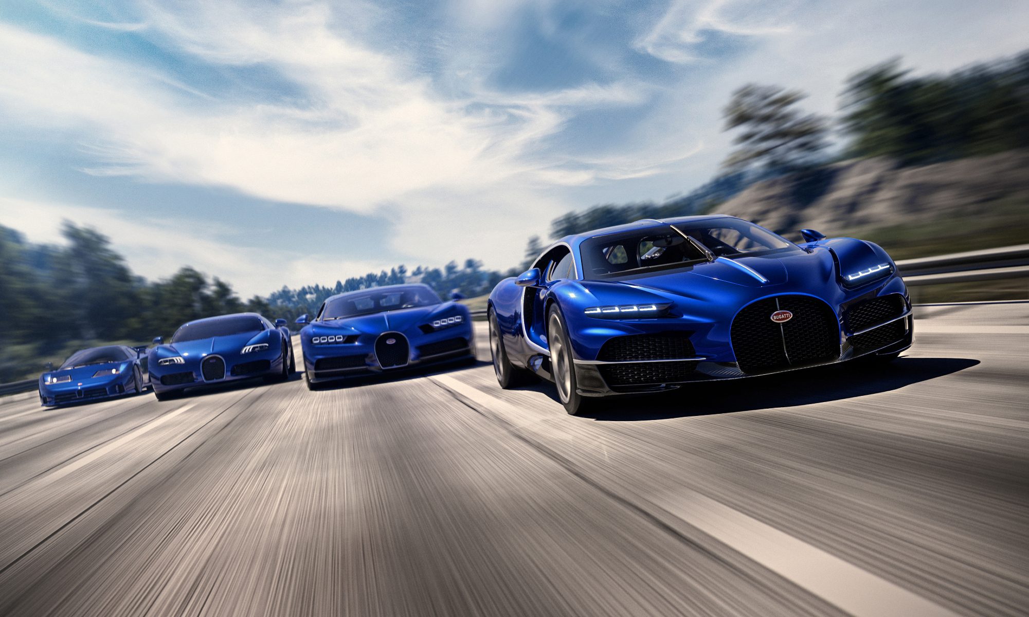 Bugatti legacy photo of four blue Bugattis on a mountain road.