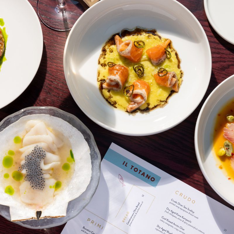 Raw seafood crudo on plates