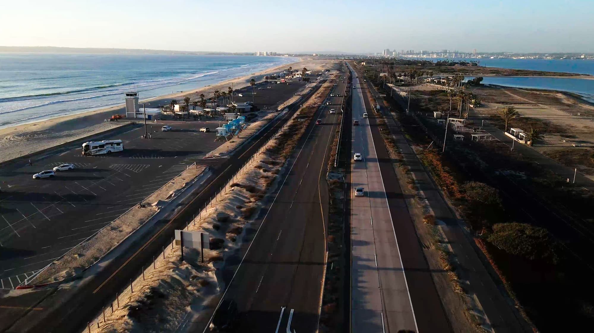 overhead view of beach and campground