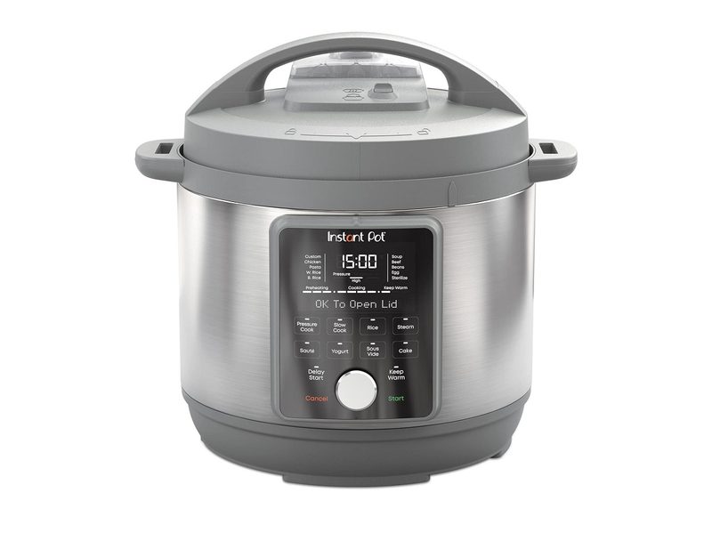 The Instant Pot Duo Plus with the Whisper Quiet lid on a white background.