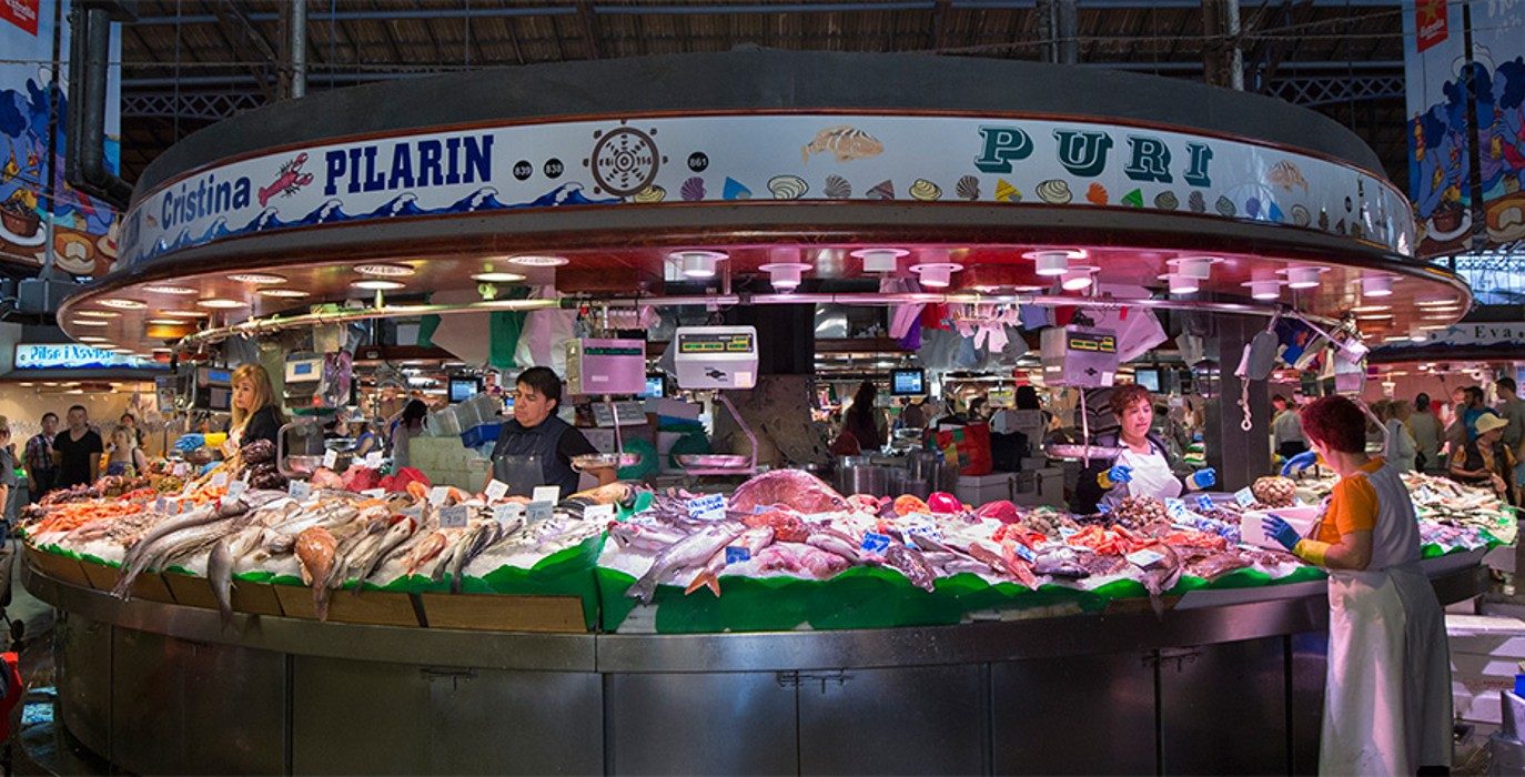 Seafood vendor at La Boqueria market