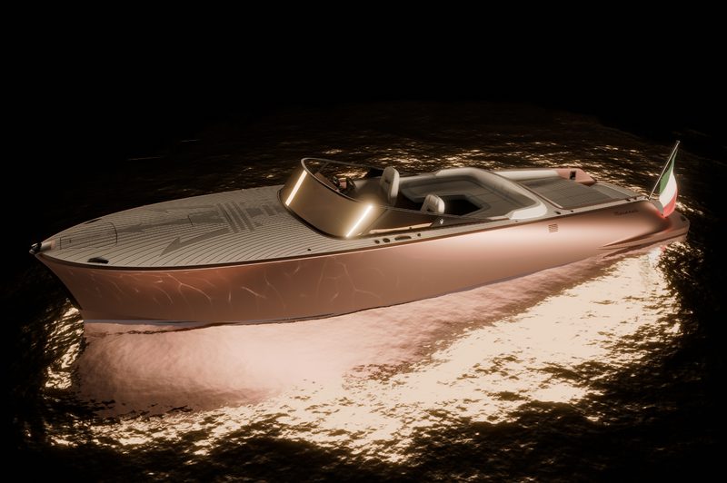Left front three-quarter view of a Maserati TRIDENTE all-electric day boat.