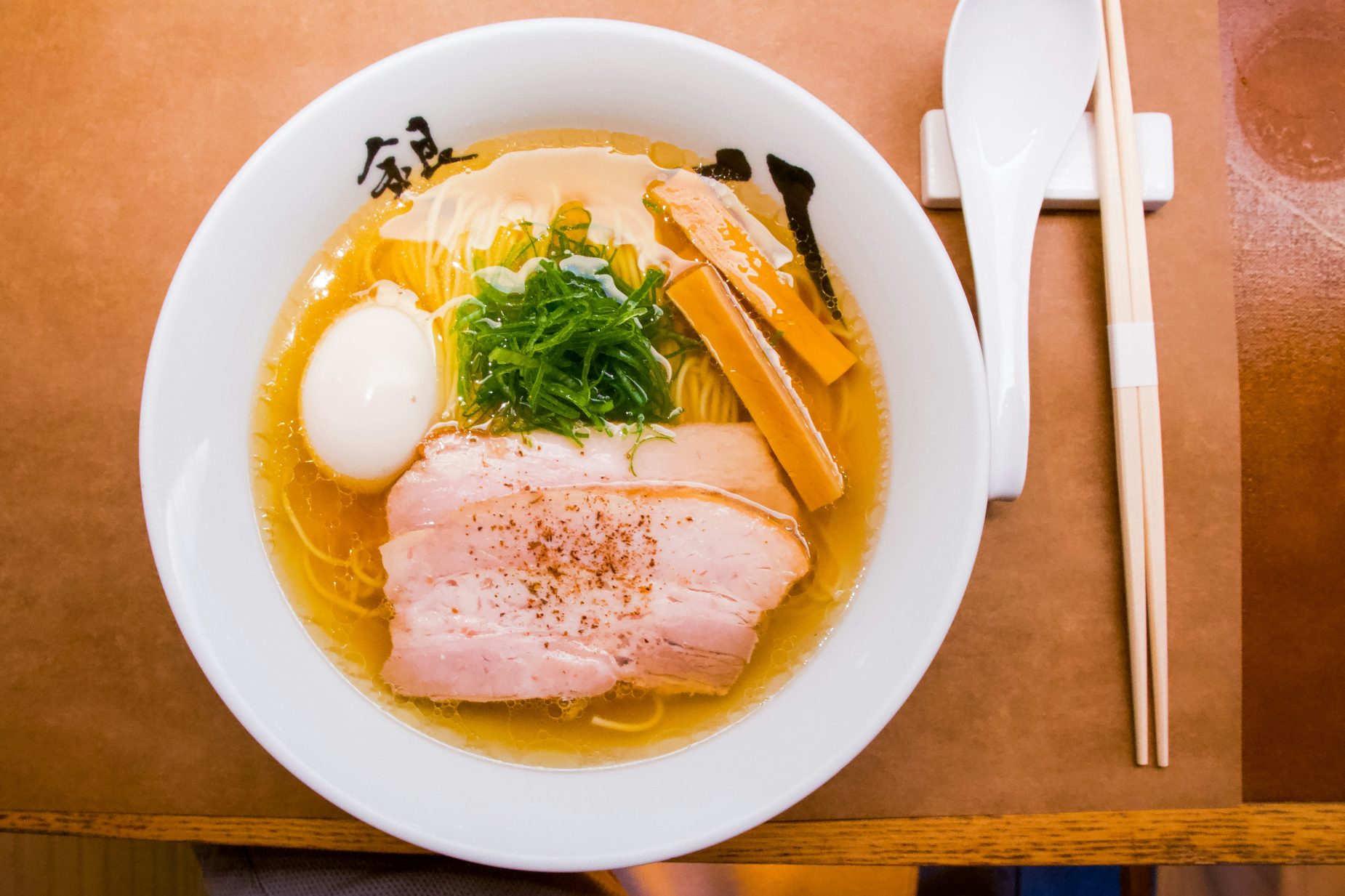 Japanese ramen in white bowl.