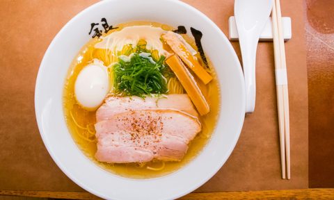 Japanese ramen in white bowl.