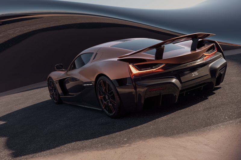 Rimac Nevera 15th anniversary edition left rear three-quarter view.