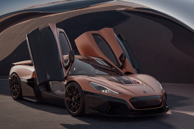 Rimac Nevera 15th anniversary edition right front three-quarter view with wing doors raised.