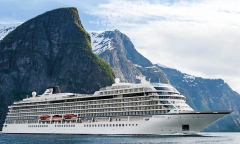 Viking Cruise ship surrounded by mountains