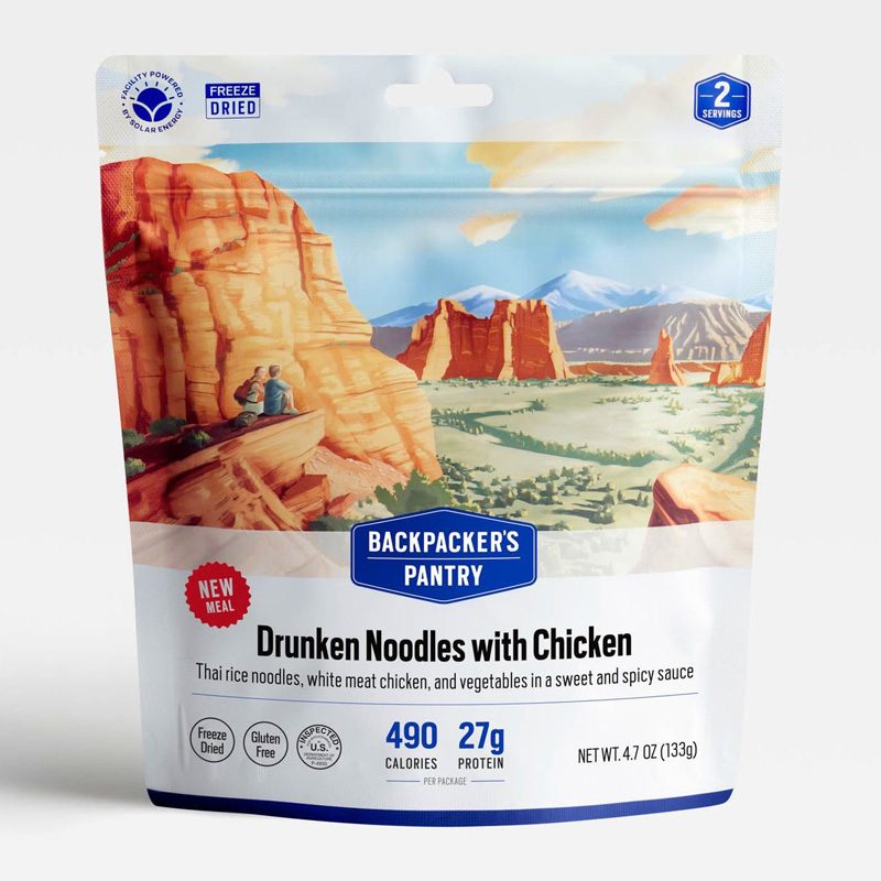 Backpacker's Pantry Drunken Noodles with Chicken dehydrated meal on a plain studio background.