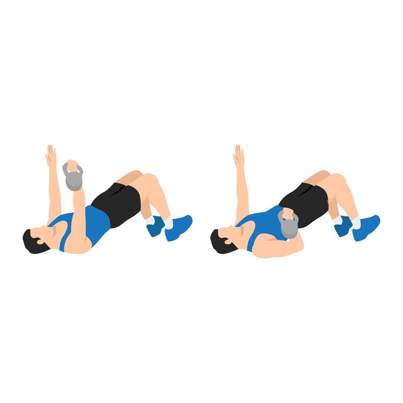 Illustration of a man doing a weighted one-arm glute bridge exercise