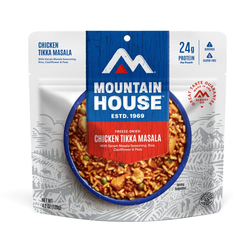 Mountain House Chicken Tikka Masala backpacker meal isolated on a plain white background.