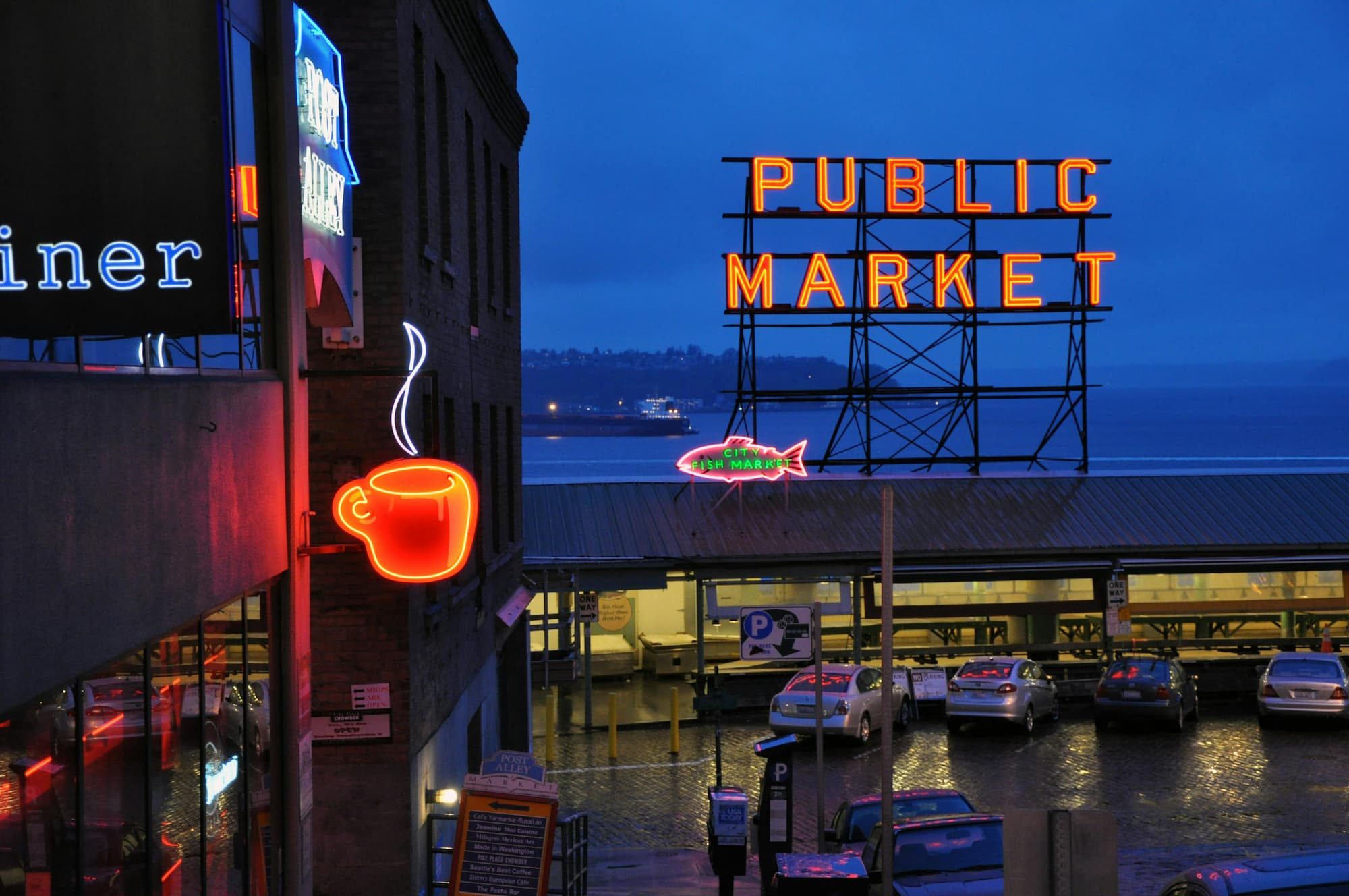 view of public market sign in seattle during evening