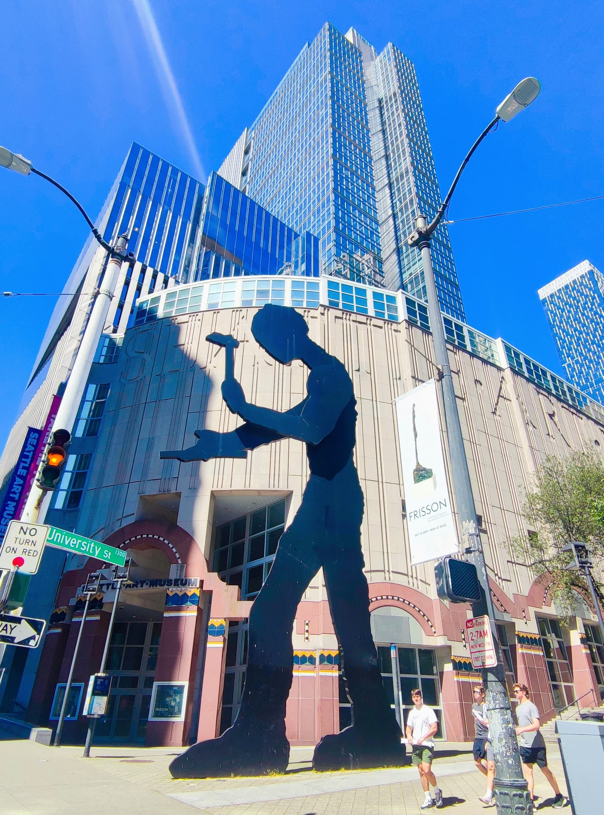 large building with a large blue and white figure on it