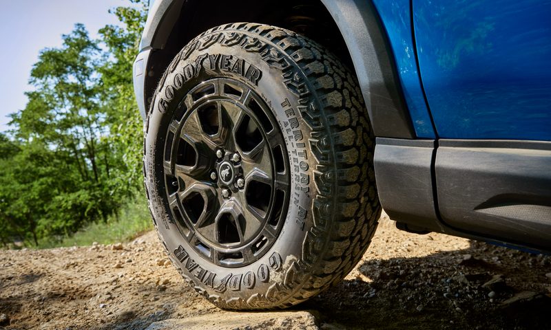 2025 Bronco Sport Badlands with Sasquatch off-road performance package left front quarter view Goodyear off-road tires.