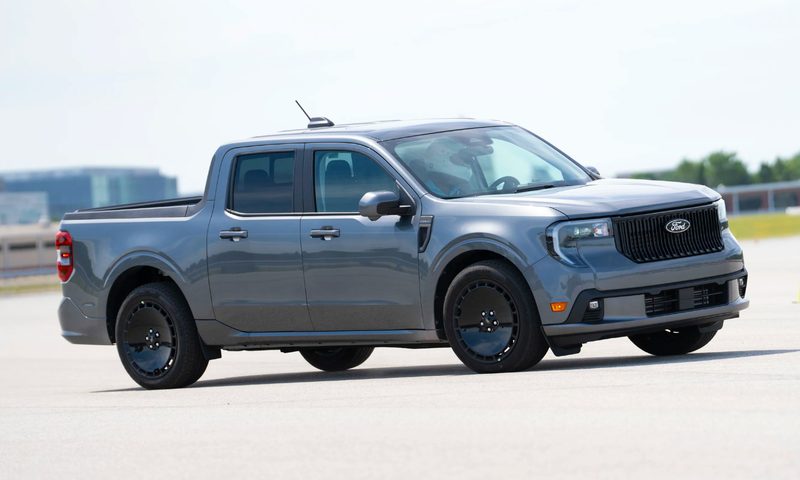 2025 Ford Maverick Lobo street performance truck in drift mode on test track.