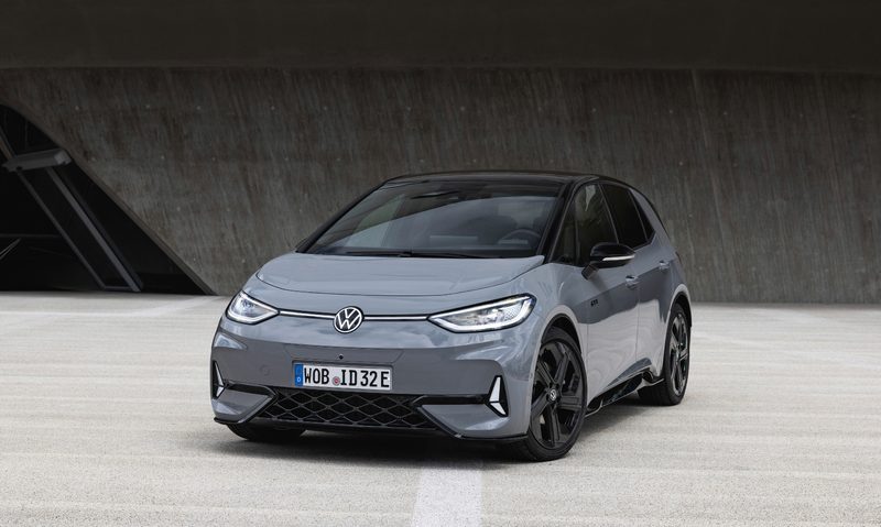 2025 VW ID.3 GTX Performance in a concrete garage front view.