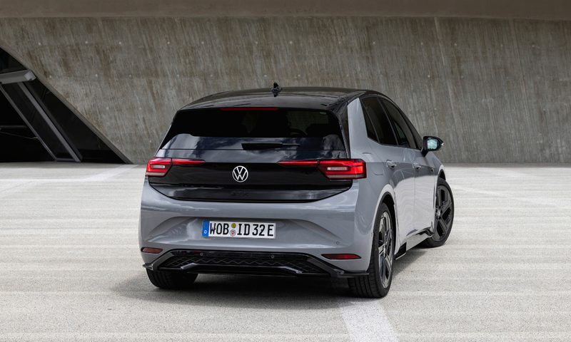 2025 VW ID.3 GTX Performance in a concrete garage rear view.