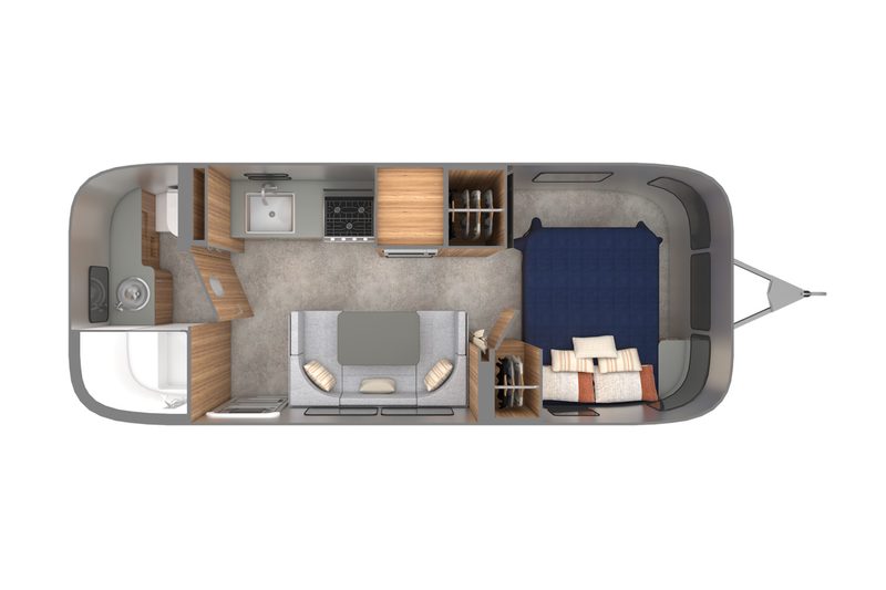 Floor plan of Airstream's 2025 Trade Wind 23FB travel trailer.