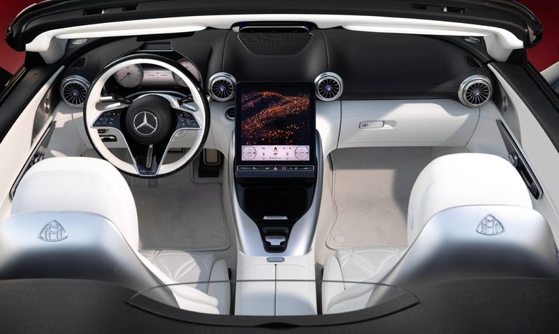 2026 Mercedes-Maybach SL 680 Monogram Series red and black interior shot of seats and dashboard trimmed in white.