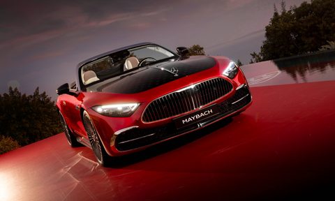 2026 Mercedes-Maybach SL 680 Monogram Series red and black on a red platform.