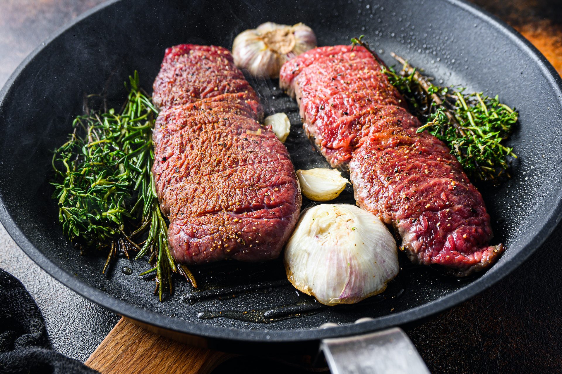 Raw steak in pan
