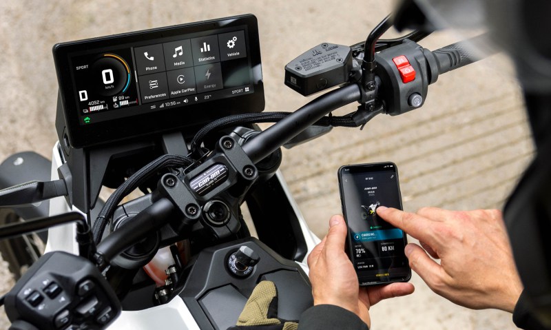Can-Am Pulse electric motorcycle display and handlebars view.