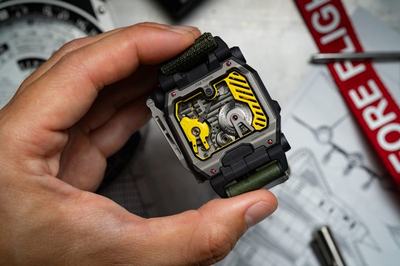 The back of the Urwerk EMC SR-71 watch.