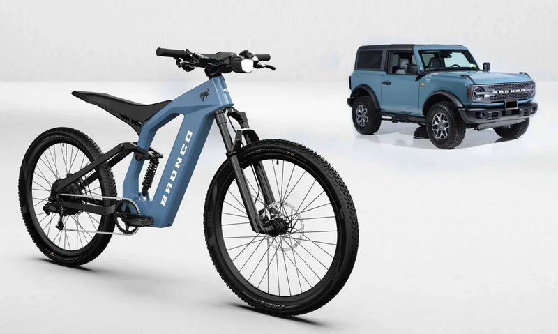 Ford Bronco e-bike with Ford Bronco 2-door SUV.