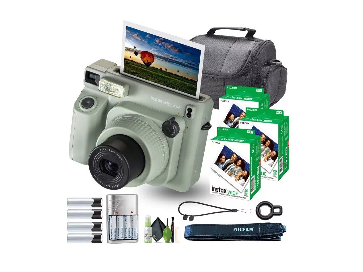 Fujifilm instant camera deal with Instax Wide 400 and bundle items in view